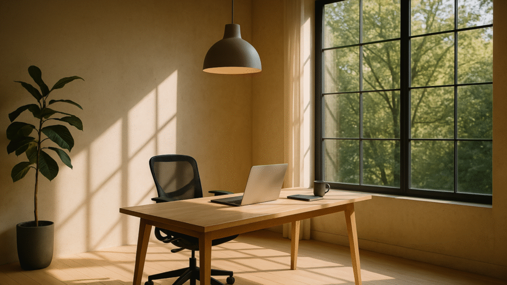 Modern minimalist workspace with natural light, large window, and greenery showing how light and architecture support better cognitive performance