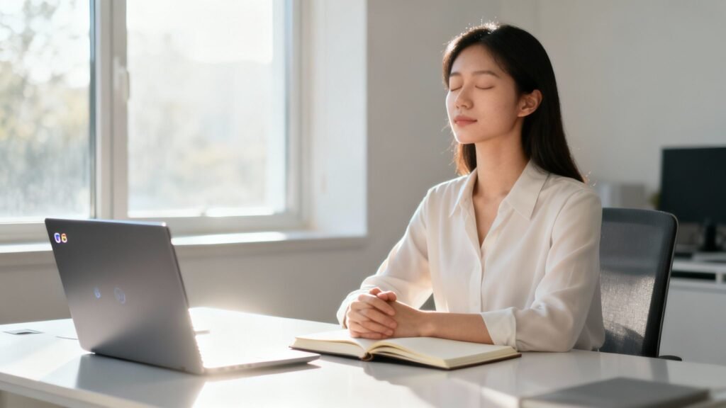 Woman sitting at a laptop with eyes closed, practicing mindfulness and focus to learn how to be present.