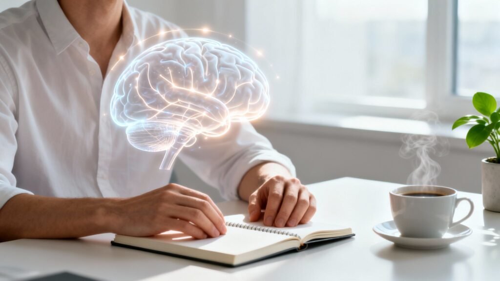 Limbic system retraining concept — a glowing brain levitating above a desk, symbolizing nervous system regulation and calmer focus