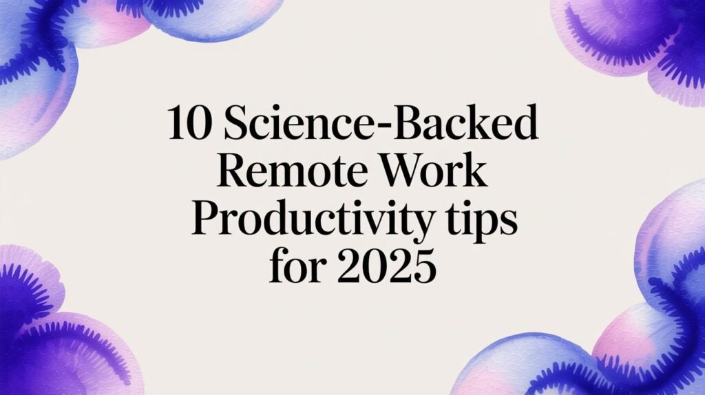 Remote work productivity tips hero banner showing a modern workspace with a laptop on a video call, desk lamp, plant, and ergonomic chair.