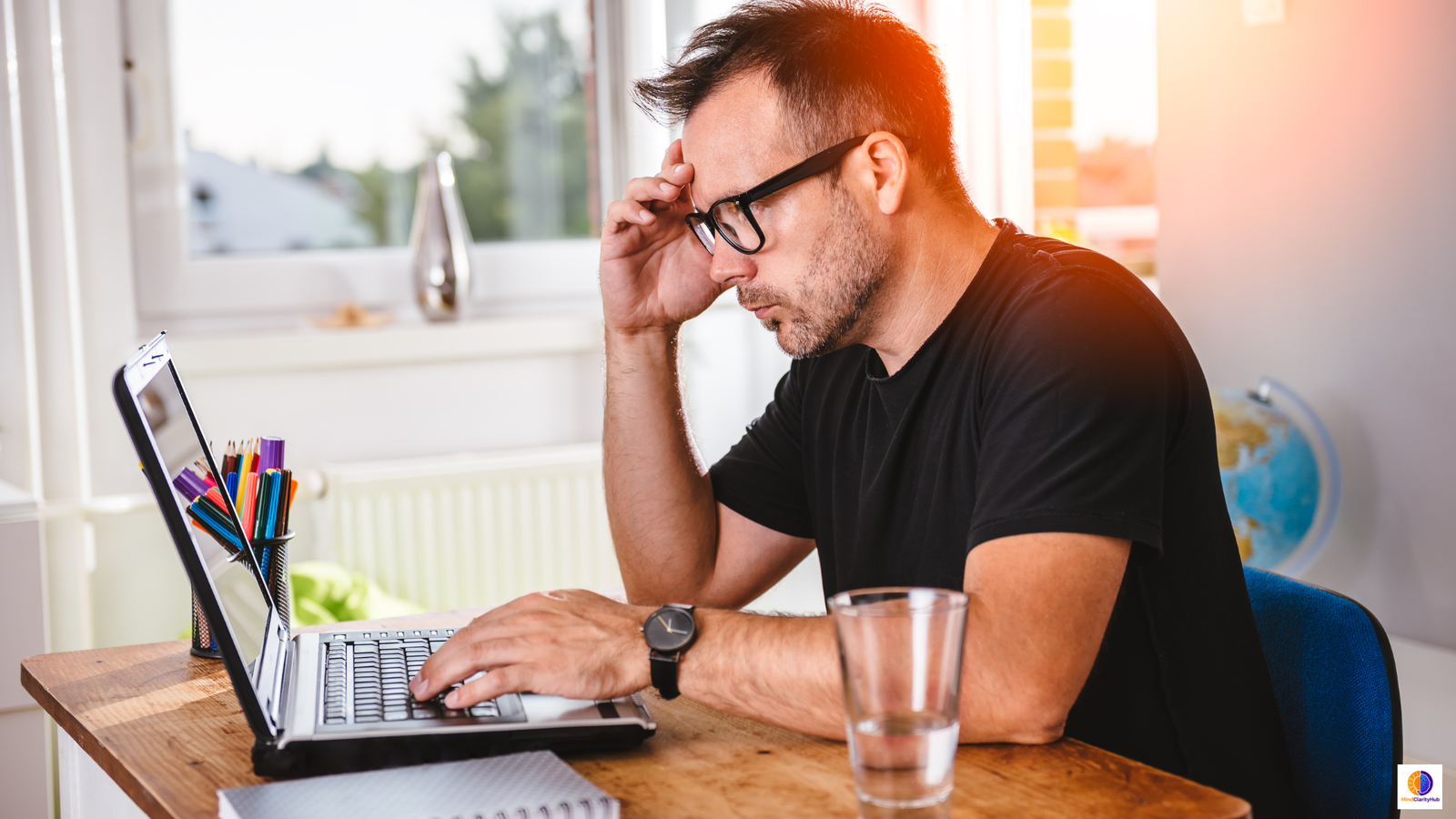 Man at a laptop struggling to focus amid digital distractions and mental fog.