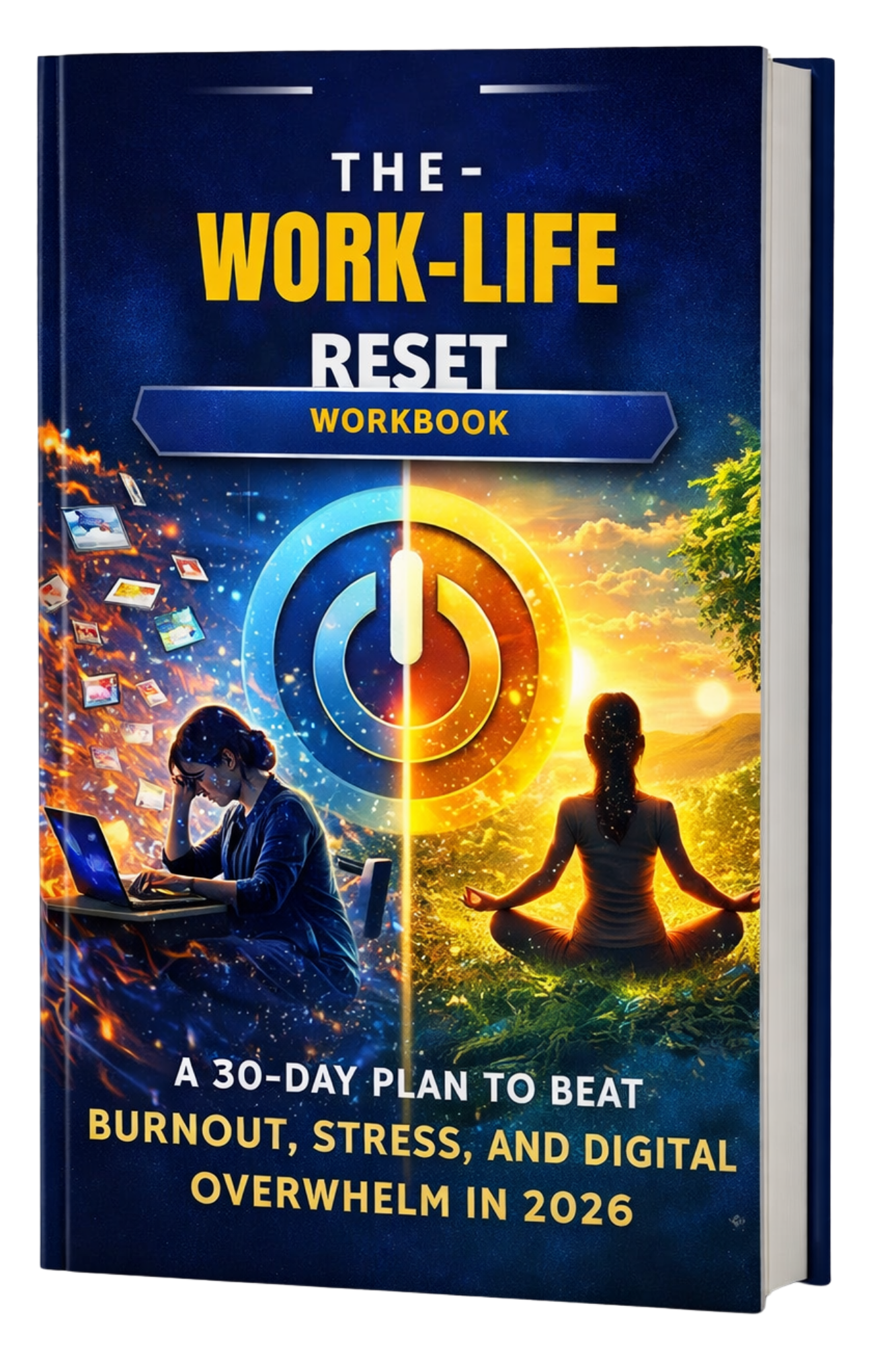 The Work-Life Reset Workbook book cover mockup for burnout, stress, and digital overwhelm in 2026