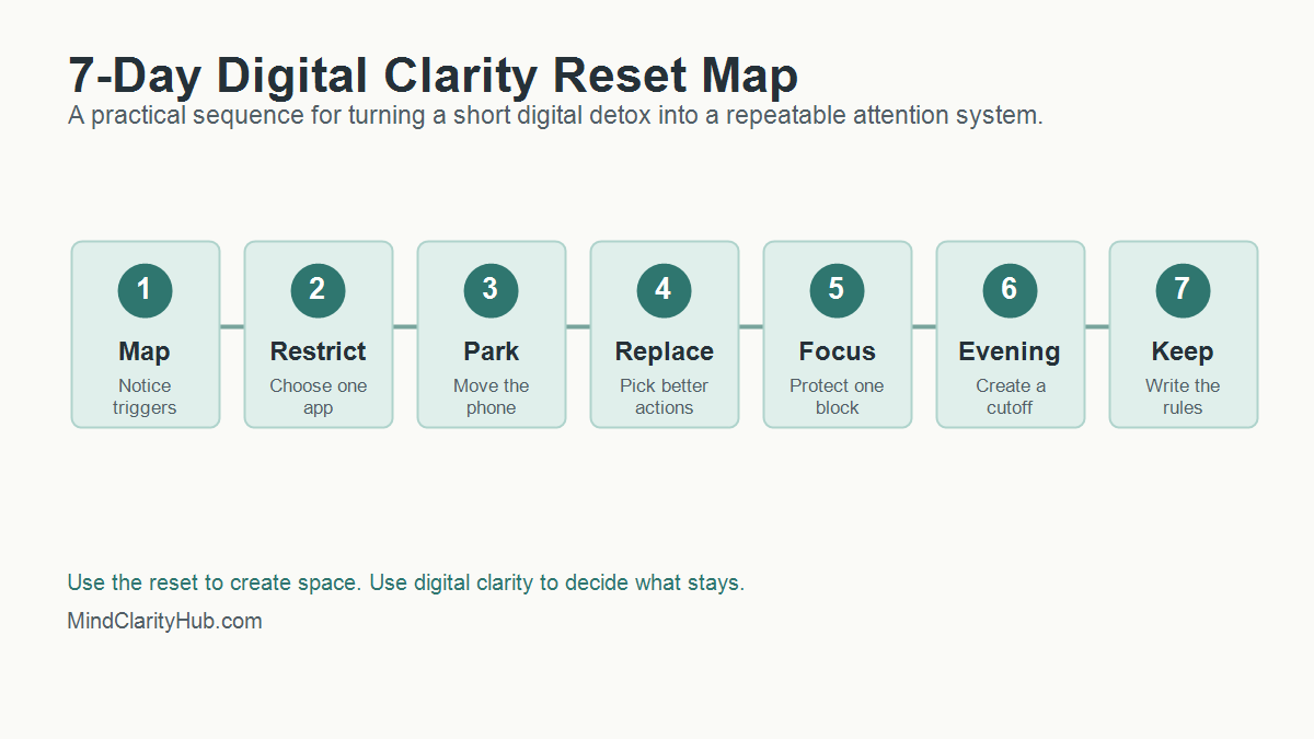 seven day digital clarity reset map showing trigger mapping app restriction phone parking replacement habits focus evening cutoff and kept rules