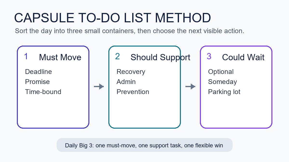 Capsule to-do list method workflow with must move, should support, and could wait task groups