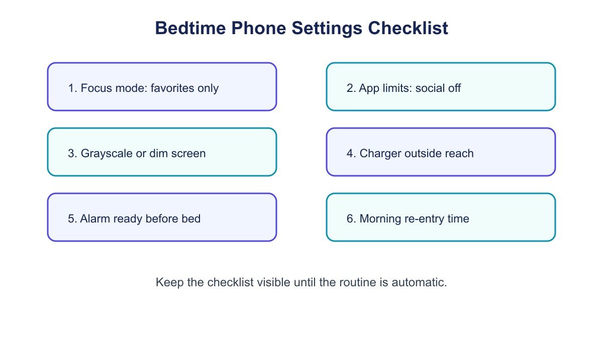 Bedtime phone settings checklist for an evening smartphone boundaries routine