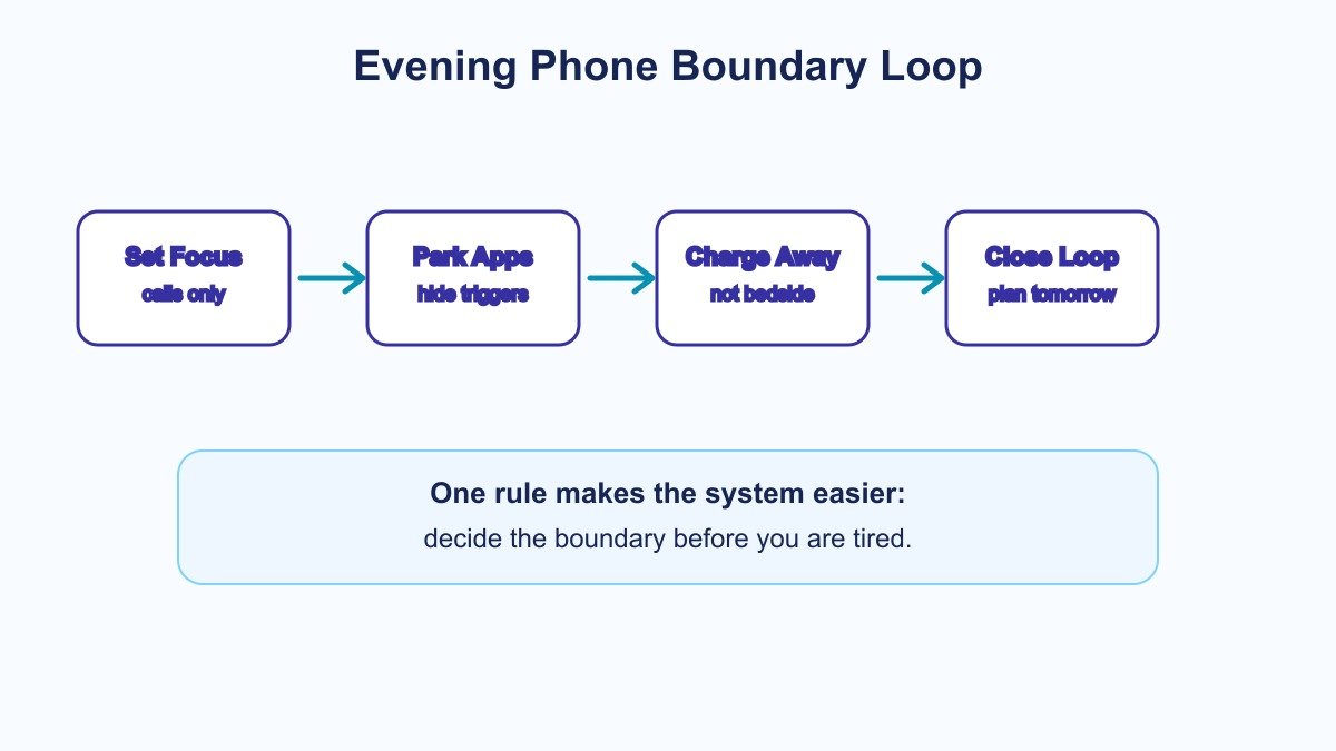 Evening smartphone boundaries checklist for better sleep shown as a four step phone boundary loop