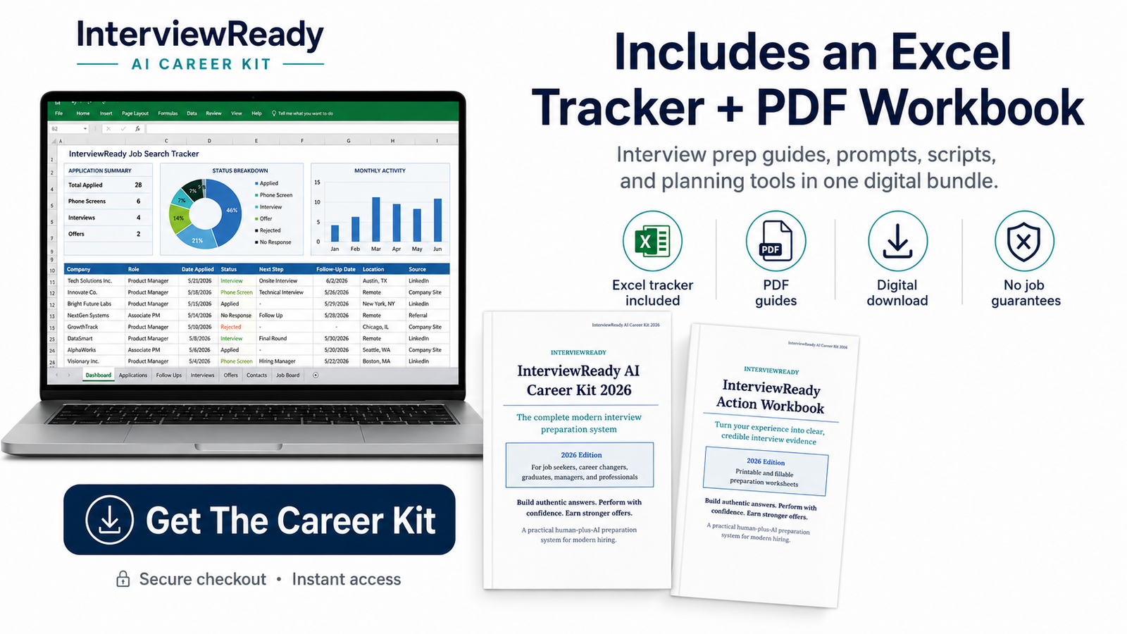 InterviewReady job search tracker, core guide, and action workbook preview