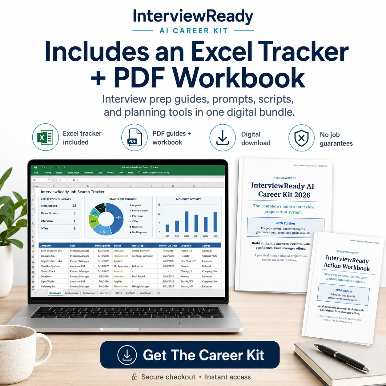 InterviewReady Excel tracker and PDF workbook digital bundle square creative