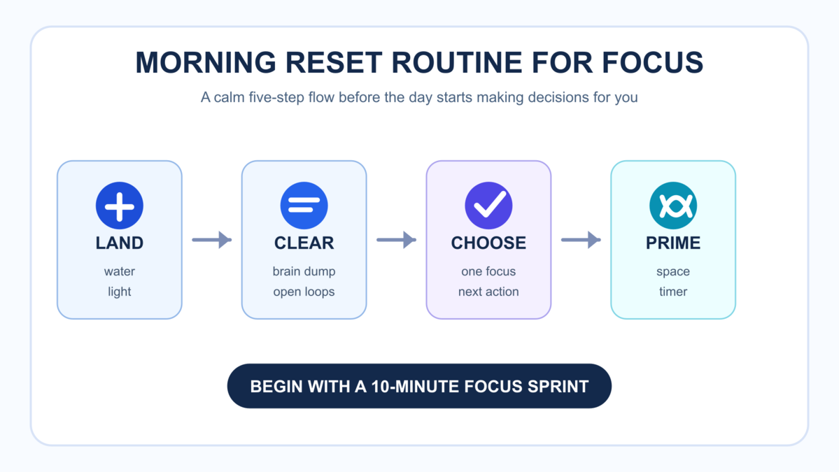 Morning reset routine for focus five-step workflow: land, clear, choose, prime, and begin